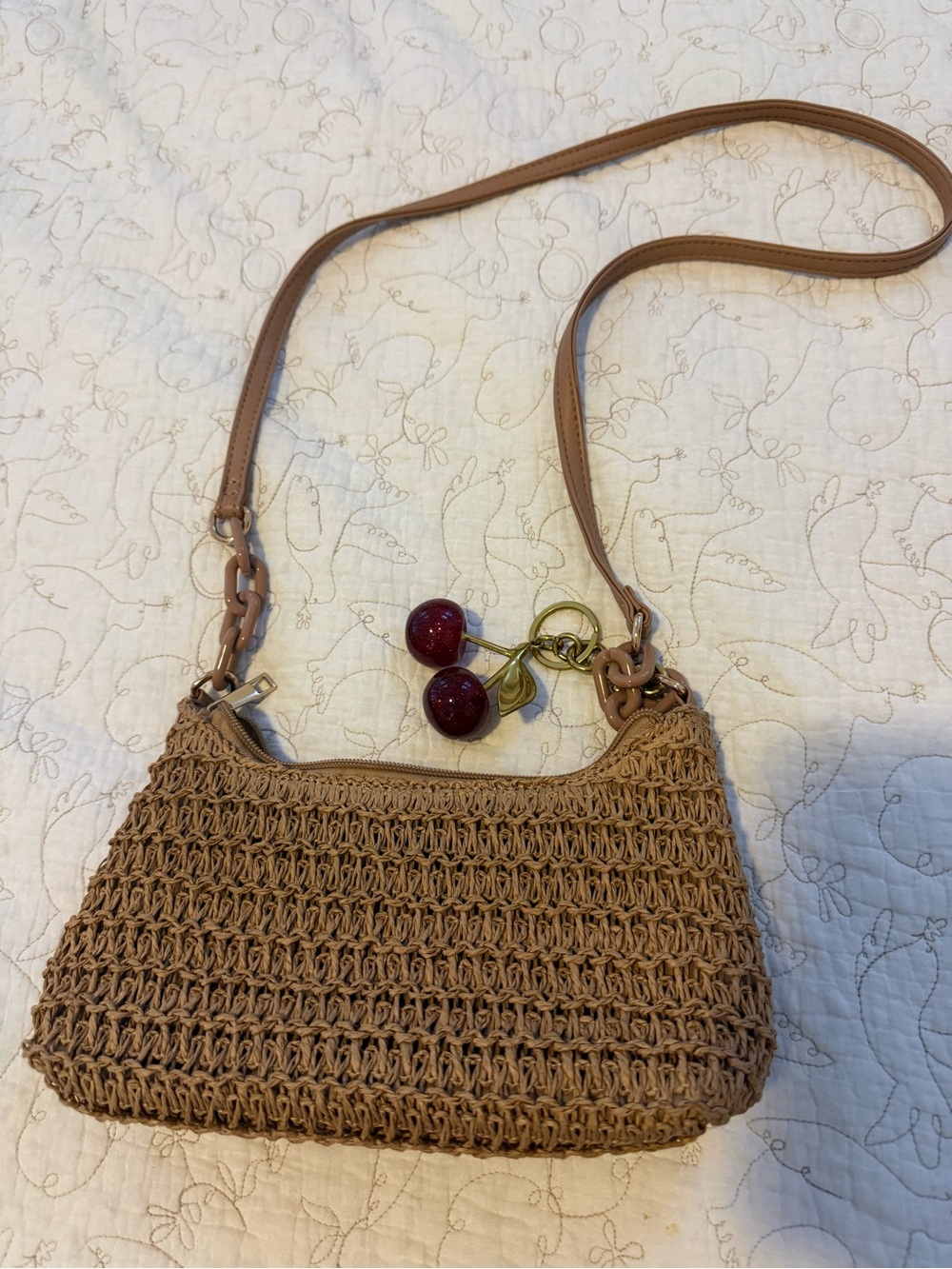 Woven Straw Crossbody Bag in Tan with Cherry Charm